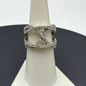 JWBR Sterling Silver White Sapphire‎ Crossover Ring Sz 7.25  Pave Setting 6.6g